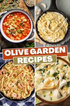 six different pictures with the words olive garden recipes on them and images of pasta, shrimp, noodles, and vegetables