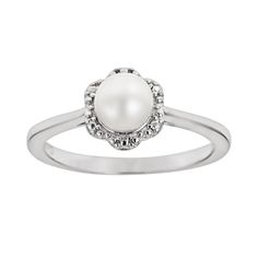 How lovely. A freshwater cultured pearl makes this flower ring the perfect pick. Accentuate your natural beauty with this sterling silver ring.    Studs add interest to the floral design.    Scrollwork adorns the sides of the setting.    Ring comes in a gift box.    Details:            6-mm cultured pearl        8-mm width        Rhodium-plated sterling silver                Gemstones may have been treated to enhance their appearance. Special care may be required. Please visit our Gemstone Treat Flower Shaped Pearl Ring For Wedding, Elegant White Gold Flower Ring With Birthstone, Elegant Sterling Silver Flower Ring With Birthstone, Elegant Flower Shaped Birthstone Rings, Elegant Flower Shape Birthstone Rings, Elegant Flower-shaped Birthstone Rings, Elegant Flower Ring With Birthstone For Anniversary, Delicate Pearl Birthstone Ring, Elegant Flower-shaped Pearl Ring For Weddings