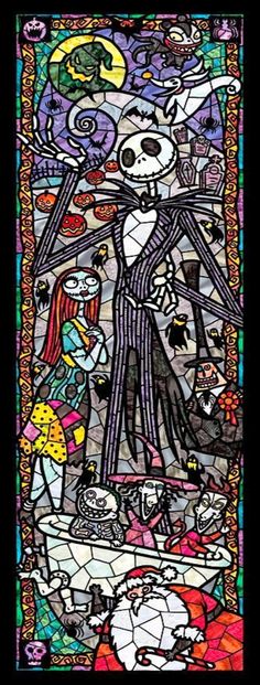 a stained glass window with an image of a skeleton in the center and other items around it