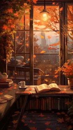 an open book sitting on top of a table next to a window filled with leaves