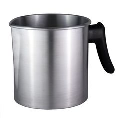 a stainless steel mug with a black handle