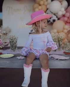 Cow Birthday Party Outfit, One Year Old Cowgirl Photoshoot, Girly Cowgirl Party, Cowgirl Outfits Birthday Party, Disco Cowgirl First Birthday Outfit, Baby Cowgirl Outfit, Cowgirl Two Year Old Birthday, 2 Year Birthday Theme Cowgirl