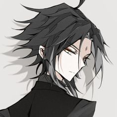 an anime character with long black hair and grey eyes, looking to the side in front of