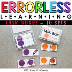 an assortment of task boxes with the words errorless learning written on them in purple and orange