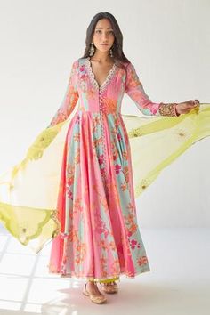 Shop for Rajiramniq Pink Crepe Floral Print Anarkali Palazzo Set for Women Online at Aza Fashions V Neck Anarkali, Pink Anarkali, Ethnic Dresses, Embroidered Motifs, Scalloped Border, Salwar Kamiz, Palazzo Set, Designer Party Wear Dresses, Indian Dress