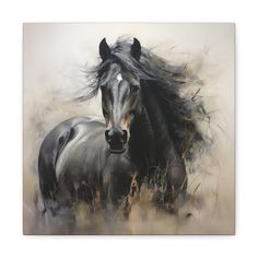 Black Horse Canvas Print Gallery Wrap - Illustration Black Horse Art, Horse Paintings Acrylic, Abstract Horse Art, Animal Paintings Acrylic, Blowing In The Wind