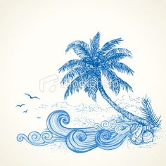 a drawing of a palm tree on the beach