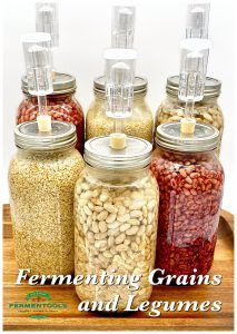 four jars filled with different types of grains and legumes