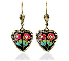 Brighten up any look with the color and whimsy of these earrings. Each one features a black enameled heart with vibrant flowers and crystal accents to sparkle as you move. From Anne Koplik. Shrinky Dink, Inspirational Jewelry, Vibrant Flowers, Heart Dangle Earrings, Vibrant Flower, Black Heart, Black Enamel, Black Floral, Jewelry Inspiration