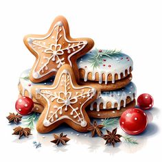 christmas cookies with icing and decorations on white background