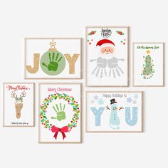 four christmas cards with handprints on the front and back, one for joy