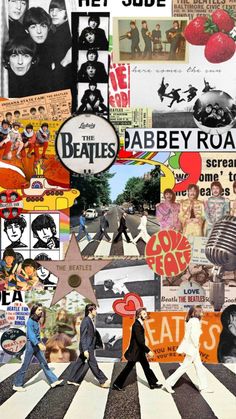 the beatles collage is shown in black and white