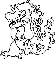 a black and white drawing of a dragon with fire coming out of it's mouth