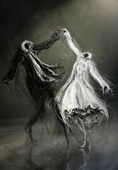 two black and white drawings of people dancing