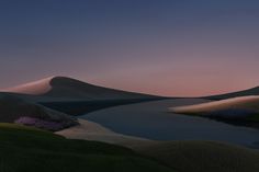 an image of a landscape with hills and flowers in the foreground at night time