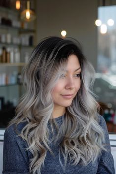 40+ Chic Silver Highlights and Gray Blending Ideas for Dark Hair - Flo's Blog Ash Ombre Hair, Grey Ombre Hair, Gray Balayage