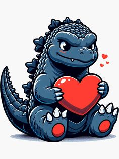 a cartoon godzilla holding a heart with its paws on it's chest, while sitting down