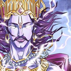 an anime character with purple hair and gold crown on his head, lightning in the background