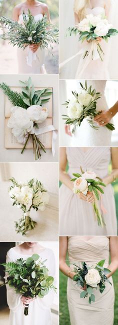 a collage of photos with flowers and greenery on them, including white roses