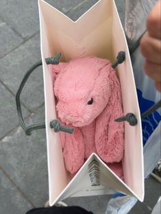 a pink stuffed animal in a paper box