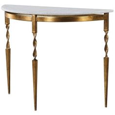 Elegant in design, this Allora console table features a polished, white marble top. The solid cast iron base is accented with twist details and tapered legs in a heavily antiqued gold finish. With the advanced product engineering and packaging reinforcement, Allora console table maintains some of the lowest damage rates in the industry. Each product is designed, manufactured and packaged with shipping in mind. Features : Finish: White and Antique Gold Material: Metal, Marble Designer: David Fris Transitional Console Table, Gold Console Table, Marble Console Table, Product Engineering, Marble Console, Metal Console Table, Metal Console, Rustic Dining Room, Entryway Table