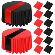 red and black table cloths with matching tables on each side, set against a white background