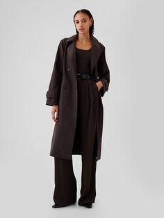 Icon Trench Coat Long Fall Coats For Women, Dark Brown Trench Coat Outfit, Dark Brown Trench Coat, Brown Trench Coat Outfit, Long Fall Coat, Virgo September, Dramatic Clothes, Petite Trench Coat, Fall Trench