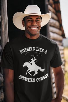 Christian tshirt for cowboys, gift for horse lovers. fathers day tee, equine shirt,  This classic unisex jersey short sleeve tee fits like a well-loved favorite. Soft cotton and quality print make users fall in love with it over and over again. These t-shirts have-ribbed knit collars to bolster shaping. The shoulders are tapered for a better fit over time. Dual side seams hold the garment's shape for longer.  .: Made with 100% Airlume combed and ring-spun cotton, a lightweight fabric (4.2 oz/yd² Black Western Style T-shirt For Rodeo, Birthday Horse, Western Tee, Christian Tshirt, Country Shirts, Horse Lovers, Gifts For Horse Lovers, Lovers Gift, Christian Shirts