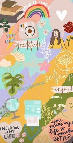 an image of a colorful background with words and pictures on it, including flowers, trees, hearts, books, and a camera