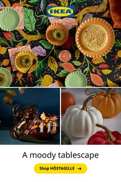 three different images with pumpkins and other items in them, including paper plates on the table