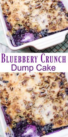 blueberry crunch dump cake in a white baking dish