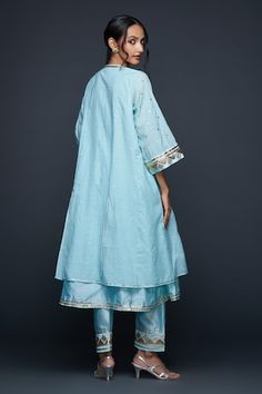 Blue jamdani layered kurta with gota applique embellishment in barfi and polka dots pattern. - Aza Fashions Blue Chanderi Kurta With Gota Work, Layered Kurta, Kurta Patterns, Polka Dot Pattern, Womens Tunics, Three Quarter, Aza Fashion, Types Of Sleeves, Blue