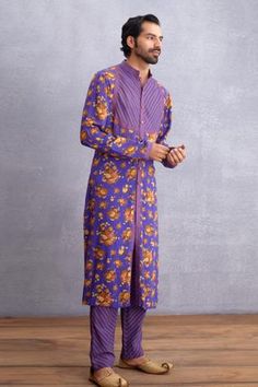 Shop for Torani - Men Purple Handwoven Chanderi Jamuni Qamar Kurta Set for Men Online at Aza Fashions Purple Straight Kurta With Printed Motifs, Fitted Purple Kurta With Printed Motifs, Purple Long Sleeve Kurta With Printed Motifs, Kurta Set For Men, Striped Pant, Amethyst Purple, Kurta Set, Cotton Voile, Floral Motifs