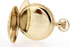 "This majestic pocket watch is carefully made in 14K tri-colored gold with a bold stag(large deer/elk) engraved on the case, surrounded by floral-like scroll work and leaves. The back of the case is engraved with the initials \"M.F.\". The dial is porcelain, has a slight hairline on one section, but it still secure. The dial also has Roman numerals on it and the piece is lever set. The dust cover of the watch is engraved with \"Gus to Maggie December 25th, '93\". The watch is marked 213884 and 5 Floral Leaves, Scroll Work, M F, Pocket Watches, Pretty Earrings, Roman Numerals, Dust Cover, Pocket Watch, Elk