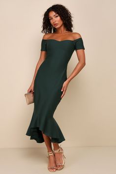 Slip into the Lulus How Much I Care Dark Green Off-the-Shoulder Midi Dress and dance the night away! Medium-weight stretchy ponte knit shapes this stunning dress that features a sweetheart neckline (with no-slip strips) and darted bodice, framed by short off-the-shoulder sleeves. Fitted waist tops a figure-flattering midi skirt with a trumpet silhouette and ruffled high-low hem. Fit: This garment fits true to size. Length: Knee to mid-calf length. Size medium measures 50" from top to bottom. Bus Green Wedding Guest Dresses, Dark Green Midi Dress, Trumpet Silhouette, Formal Wedding Guest Dress, Trumpet Dress, Guest Attire, Wedding Attire Guest, Midi Cocktail Dress, Guest Dress