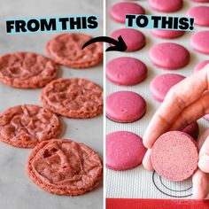 two pictures side by side, one with pink cookies and the other with red macaroons