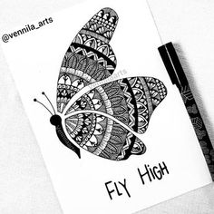 a black and white drawing of a butterfly with the words fly high written on it