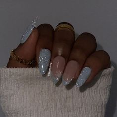 not my pin Blue Prom Nails, Blue Christmas Nails, Blue And Silver Nails, Hoco Nails, Light Blue Nails, Baby Blue Nails, Formal Nails, Blue Acrylic Nails, Blue Nail