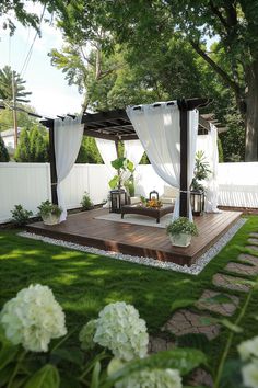 beautiful deck platform in yard with stone path, white cloth, decorative stones, a pergola and a coffee table Floating Deck Ideas, Gazebo On Deck, Floating Deck, Wooden Deck, Backyard Gazebo, Deck Designs Backyard, Deck Designs, Backyard Renovations, Backyard Remodel