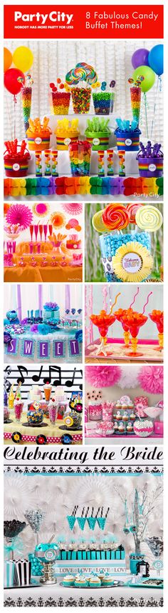 the cover of party city magazine, featuring colorful desserts and balloons in different colors