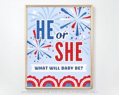 a poster that says he or she what will baby be? with fireworks in the background