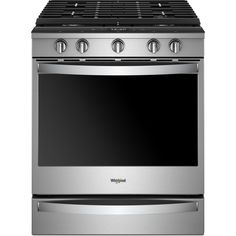 a stainless steel stove with four burners on the top and bottom, in front of a white background