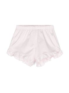 light pink stretch-cotton twill weave ruched detailing mini logo tag to the side mid-rise thigh-length elasticated waistband ruffle hem unlined Cotton Bloomers With Ruffles, Cotton Bloomers With Ruffles For Spring, Spring Cotton Bloomers With Ruffles, Stretch Cotton Bottoms With Ruffle Hem, Ruffled Stretch Bloomers For Summer, Stretch Ruffled Bloomers For Summer, Stretch Bloomers With Ruffles For Summer, Cotton Bloomers With Ruffle Hem For Summer, Stretch Ruffle Bloomers For Summer