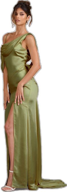 Sleek Satin Maxi Dress For Prom Season, Solid Satin Maxi Dress For Prom, Chic Formal Floor-length Satin Dress, Chic Floor-length Satin Dress For Formal Occasions, Chic Floor-length Satin Dress For Formal Events, Green Bias Cut Maxi Dress For Party, Elegant Green Satin Finish Dress, Olive Fitted Maxi Dress, Elegant Green Satin Formal Dress