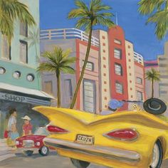 a painting of a yellow car parked in front of a tall building with palm trees