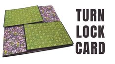 three pieces of fabric with the words turn lock card