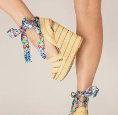 Im obsessed with these Cynthia Richard shoes. #luxurystyle #shoes #summerstyle #sandals Luxury Blue Platform Wedge Sandals, Satin Scarf, Ankle Wrap, Wedge Sneakers, Platform Wedge Sandals, Pumps Flat, Green And Red, Sandals For Sale, Platform Wedge