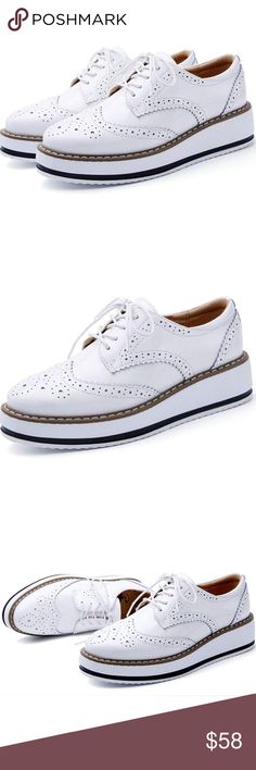 White Oxford Platform Lace-Up Shoes PU Leather Rubber sole Heel height 4.5cm Adjustable lace-up closure, water resistant and leather upper offers durability, retro british brogue design ALL DAY COMFORT: Comfortable platform with non-skid, much lighter than you imagine.  Please order half size bigger than your regular price Shoes Sneakers White Flat Heel Lace-up Office Shoes, White Leather Summer Oxfords, White Leather Oxfords For Summer, White Flat Lace-up Shoes, White Round Toe Lace-up Shoes With Platform, White Flat Heel Oxfords For Office, White Synthetic Leather Shoes With Rubber Sole, White Lace-up Shoes For Office, White Lace-up Office Shoes