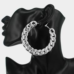 Wide Chunky Rhodium Silver Curb Style Round Circle Shaped Hoop Thick Metal Chain Link Earrings Size: 3 X 2.75 Inches R 158017 3028 E S Omega Closure Bundle To Save On Shipping Elegant Silver Hoop Earrings With Chain Detail, Elegant Silver Chain Hoop Earrings, Trendy Silver Chain Link Earrings, Trendy Silver Hoop Earrings With Chain Detail, Trendy Silver Hoop Earrings With Chain, Trendy Silver Hoop Earrings For Party, Silver Chain Hoop Earrings As Gift, Trendy Metal Earrings With Chain Details, Modern Silver Chain Earrings