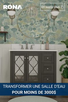 a bathroom with blue and green wallpaper, two sinks and a rug on the floor